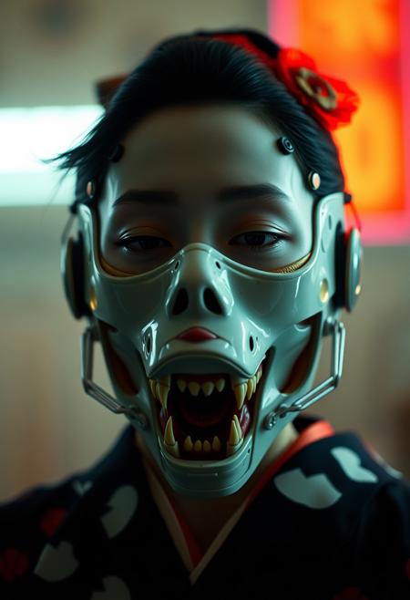 hybrid face  (geisha::1.2) (cyborg mask::1.5),  film, predator jaws::1.2, cyborg jaws::1.7 open::2, style by Yuri Shwedoff,Robert Zemeckis, Kim Ki-Duk, (by Tony Conrad:1.05) ,Biopunk, (by Hito Steyerl:1.15), shallow depth of field, vignette, () (Fujicolor Superia X-TRA 400:) (Light tracing) (Dramatic lighting)