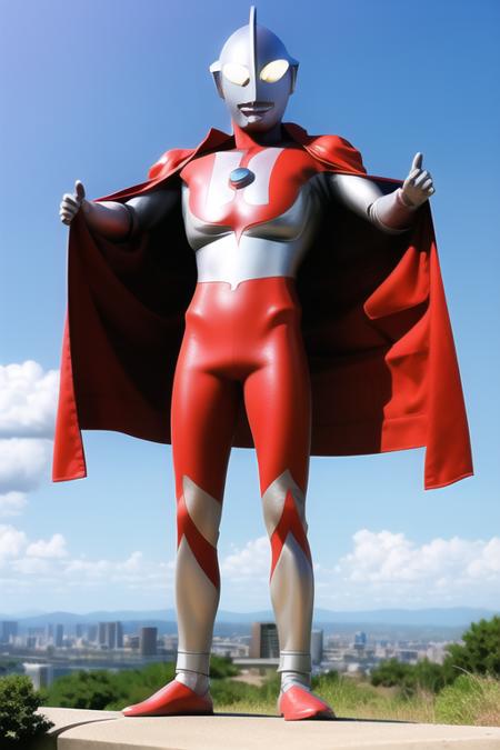 Best quality, masterpiece,
1boy, <lora:Ultraman:0.7>, Ultraman, bald, bodysuit, boots, gem, giant, gloves, helmet, pilot_suit, plugsuit, red cape, realistic, solo,
a giant in city, blue sky background, full body,