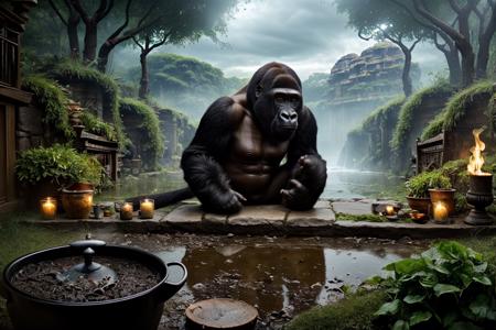 Monsoon,(Gorilla:1.3),Witch's Spellcasting Den with Cauldrons and Spellbooks,