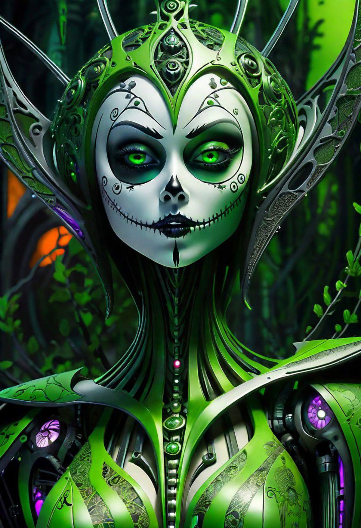 A Skeleton Lady with Green Makeup and Glowing Eyes.