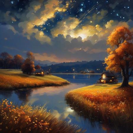 (highly detailed), ((masterpiece)),(Impasto), intricate, digital painting,shadow ,landscapes ,(autumn:1.2), fantasy,(firefly) ,delicate grassland
,(grassland:1.3),(lake:1.3),(villiage:1.2),lights,clear sky ,wind ,beautiful sky ,cumulus ,(night sky),(stars)