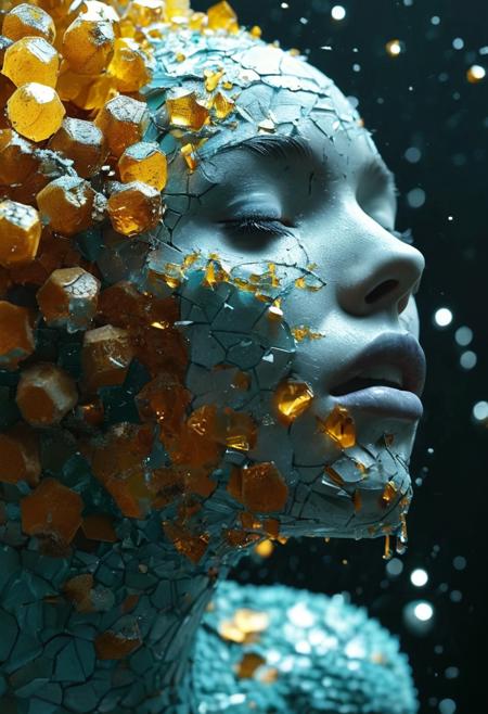 the pale head of a woman being consumed by a honeycomb effect material in 3d, the woman has her eyes and mouth closed whilst this teal and cobalt material consumes her ((cracked skin)). She is within a foundation of crystals that keep her mind alive, this moulding is taking over. Black background, the stones offer a variety of bright colours. A perfect blend of life and death in this abstract scene. cinematic lighting, ultra detailed and realistic in 8k
<lora:add-detail-xl:0.5>, <lora:MJ52:0.7>, 
#<lora:artfullyECHELIER_SDXL_V1:0.7>