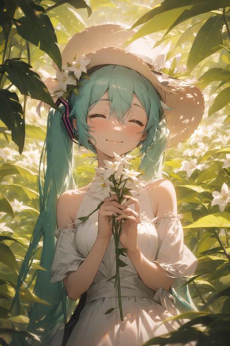 kahuka1, 1girl, solo, long hair, hatsune miku, dress, flower, hat, white dress, closed eyes, holding hat, holding, hat removed, smile, upper body, white flower, leaf, holding clothes, sun hat, headwear removed, bare shoulders, very long hair, aqua hair, twintails, closed mouth, facing viewer, bangs <lora:kahuka-pynoise:1>