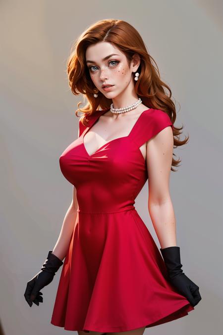 sw33th3artn3ck, dress, standing, black gloves, pearl necklace, red dress, skirt hold,