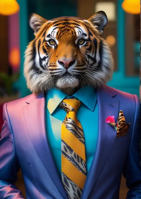 cinematic film still (Ultrarealistic:1.3) <lora:AnimAl P FFusion:1> tiger in a suit with a tie and a blue shirt, modern maximalist suit, anthropomorphic tiger, ((tiger)), wearing a colorful men's suit, tigerman, tiger skin, tony the tiger, realistic colorful photography, half tiger, a tiger, tiger_beast, tiger, portrait of a lisa frank, tally hall album cover, wearing animal skin clothing,(Colorful:1.3) . shallow depth of field, vignette, highly detailed, high budget, bokeh, cinemascope, moody, epic, gorgeous, film grain, grainy