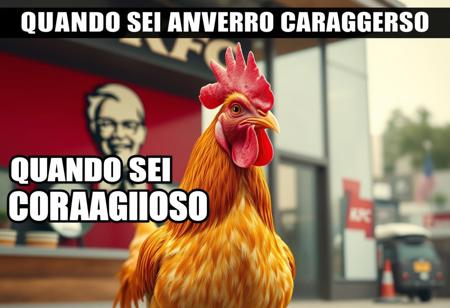 “A realistic, detailed chicken standing confidently in front of a KFC restaurant. The chicken has bright feathers, a sharp gaze, and a proud stance as if aware of its surroundings. The KFC logo is visible in the background, slightly blurred for depth. The scene is captured in a cinematic style with balanced lighting, slightly warm tones, and a shallow depth of field. Overlay bold white text with a black outline in meme style at the top: ‘QUANDO SEI DAVVERO CORAGGIOSO’.”