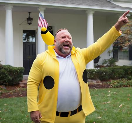 <lora:Alex Jones SDXL - Trigger is Alexjones Person:1> alexjones person wearing a Pikachu costume while yelling at his neighbors house