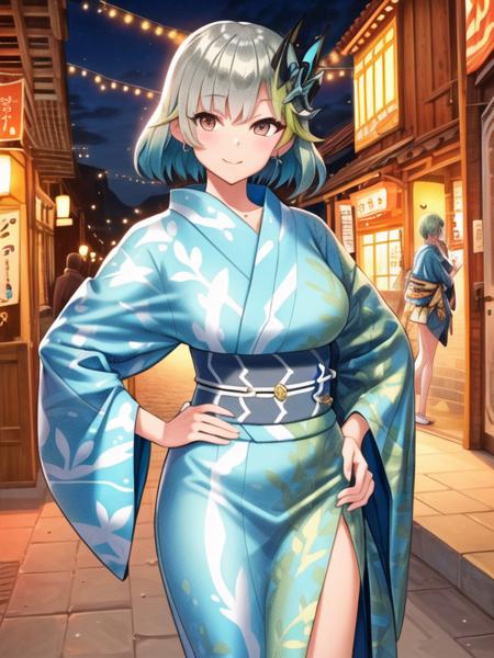Nagareboshi_Aash,short hair, straight hair,hair ornament,green hair, grey hair, two-tone hair,blue kimono