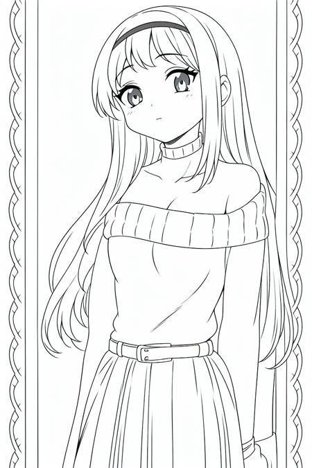 lineart, monochrome,((masterpiece)), ((best quality)),((8K wallpaper)),((highly detailed)),1girl,sweater, ribbed sweater, hairband, plaid, plaid skirt, choker, aran sweater, off-shoulder sweater, long hair, belt, hair ornament, skirt, heart,hairband, off shoulder, choker, collarbone,<lora:lucky_star_offset:1>