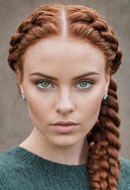 Capture a hyper-detailed photograph of a person with auburn hair accented with silver tips, styled in braids. Feature heterochromia with one blue and one green eye, clear and striking. The skin should appear natural, complemented by light makeup to enhance the subject's features without overshadowing them. The lips, in their natural color, should convey a sense of authenticity, and light freckles should be visible across the nose and cheeks, adding character to the portrait.