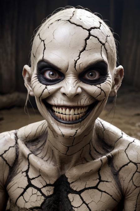 monster, horror, grotesque, cracked_mud_skin, white_skin, black_eyes, freakish_smile