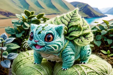 w00len, a hyper realistic macro close up picture of a ((bulbasaur made of wool and yarn))