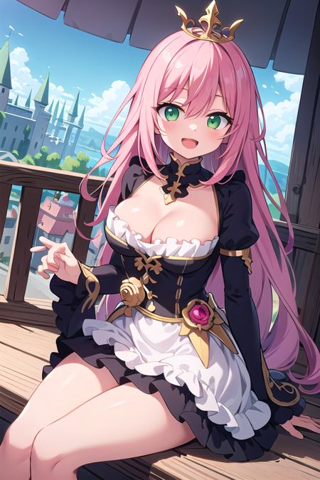 insanely detailed, absurdres, ultra-highres, ultra-detailed, best quality,
1girl, solo, nice hands, perfect hands,
BREAK
princess, princess dress with many frills, teara on hair,
happy smile, laugh, open mouth,
sitting, cute pose,
from below, cowboy shot,
BREAK
slender, kawaii, perfect symmetrical face, ultra cute girl, ultra cute face, ultra detailed eyes, ultra detailed hair, ultra cute, ultra beautiful,
BREAK
on roof of castle, (fantasy world, castle, panorama view:1.3), depth of field,
medium large breasts,
BREAK
pink hair, long hair, messy hair, green eyes, hair between eyes