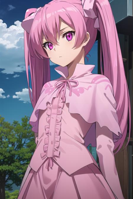 agkmine, <lora:agk mine s1-lora-nochekaiser:1>,
mine, long hair, twintails, pink hair, (pink eyes:1.3),
BREAK dress, pantyhose, pink dress, capelet, pink capelet, pink skirt, skirt, long sleeves,
BREAK outdoors, nature, forest, trees, grass, sky, clouds,
BREAK looking at viewer, (cowboy shot:1.5),
BREAK <lyco:GoodHands-beta2:1>, (masterpiece:1.2), best quality, high resolution, unity 8k wallpaper, (illustration:0.8), (beautiful detailed eyes:1.6), extremely detailed face, perfect lighting, extremely detailed CG, (perfect hands, perfect anatomy),