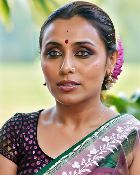 ultrarealistic soft focus photo of a 30-year-old woman, rani mukerji, outdoors, high neck Mekhela Chador (Assamese traditional attire) lace covering chest and cleavage, Eye roll of exasperation, Fisheye-shot camera angle, looking looking at camera, day time, beautiful bokeh  <lora:Rani_Mukerji_SDXL_LoRA:0.8>