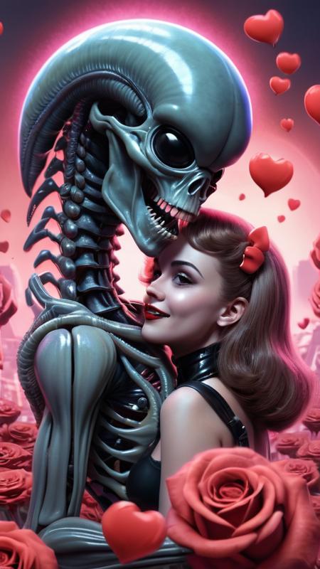 valentine's day card artwork with the text ("TILL DEATH DO US PART":1.5), (a cute macabre adult valentine's day card:1.1), (by Bruce Pennington:1.5), (harlequin romance novel cover:1.5), (a xenomorph and stunning flawless female human pin up girl in a loving embrace:1.5), selective focus, miniature effect, highly detailed, vibrant, perspective control, (two cute happy xenomorph skeletons blissfully in love:1.1), a male (xenomorph skeleton:1.4) and a (stunning flawless female human pin up girl:1.4) with long hair, (hearts, cute, romantic:1.2), (valentine's day decorations:1.3), (roses, rose petals:1.2), a loving xenomorph couple in elegant formal wear, victorian, gothic, valentine, romantic, adorable, pastel colors, soft focus and diffused lighting, intricate background detail, digital painting, ultra-detailed, cinematic, macro, mystical, magical, vibrant photography, shimmering light, dreamy, whimsical, serene, soft-focus, hyper-detailed digital art, complex scenery with fine details, cute, cartoon, digital art, (love, hearts:1.2), , BREAK (a cute macabre adult valentine's day card with the text "TILL DEATH DO US PART":1.4), ("TILL DEATH DO US PART":1.5), (a xenomorph and stunning flawless female human pin up girl in a loving embrace:1.5)
