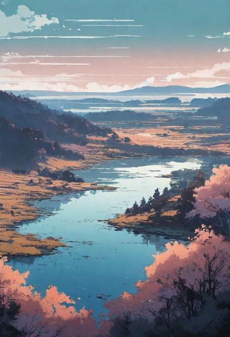 landscape, lo-fi style, epic, different bioms, horizon, different colours palette, pale colors, muted colors, vector, intricate details, highly detailed, soft, acryl, ink painting, strokes, blots, style of makoto shinkai