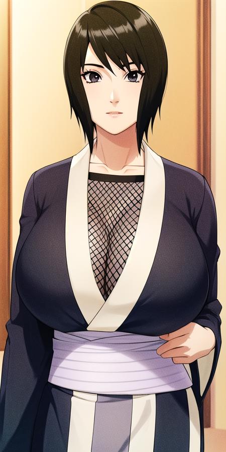 <lora:shizuneV2:0.7> shizune_naruto, huge_breasts, standing, solo, Black_Kimono_Obi_Fishnet_top, masterpiece, best quality, detailed face, detailed eyes, highres,