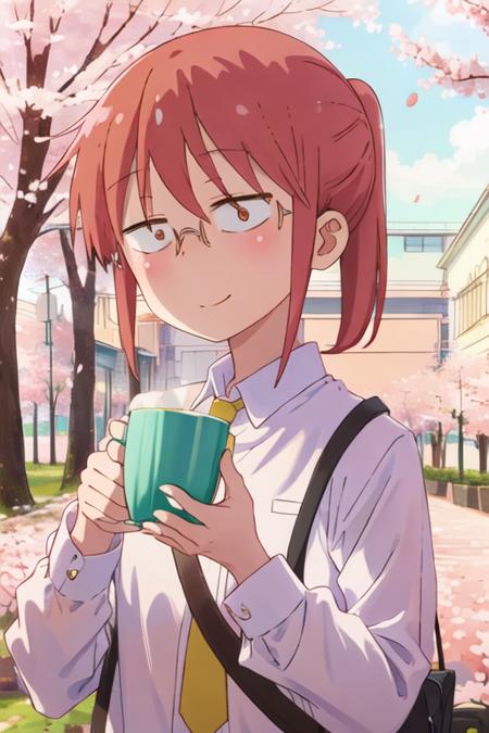 best quality, masterpiece, highres, solo, {kobayashi_kobayashisanchinomaidragon:1.15}, glasses, red_hair, blush, ponytail, bangs, closed_mouth, brown_eyes, 1girl, cherry_blossoms, cup, hair_between_eyes, holding, holding_cup, outdoors, shirt, smile, tree, day, looking_at_viewer, brown_hair, petals, sidelocks, white_shirt