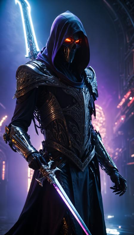 fantasy, cinematic lighting, highly detailed, sharp focus, 4k resolution, (half body, close up:1.3), In a hyper-realistic masterpiece. A futuristic mechanical reaper materializes. Its metallic form, intricately detailed down to the smallest rivets and gleaming chrome, stands as a testament to the zenith of technological artistry. Each meticulously rendered pixel contributes to a hauntingly vivid: the scythe's edge, razor-sharp, glows with an unsettling, luminous energy while the ambient darkness is punctuated by neon blues and fiery purple, casting an eerie and breathtaking interplay of light and shadow. In this evocative image, the grim reaper transcends mere artistry, entering the realm of the hyper-real,