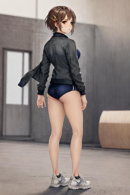 1girl, solo, jacket, shoes, sneakers, brown_hair, buruma, gym_uniform, white_background, full_body, brown_eyes, simple_background, hair_ornament, track_jacket, looking_at_viewer, shirt, standing, white_footwear, short_hair,
rtx,artgerm style,high detail,Cinematic light, intricate detail,highres, high detail,detailed,best quality,