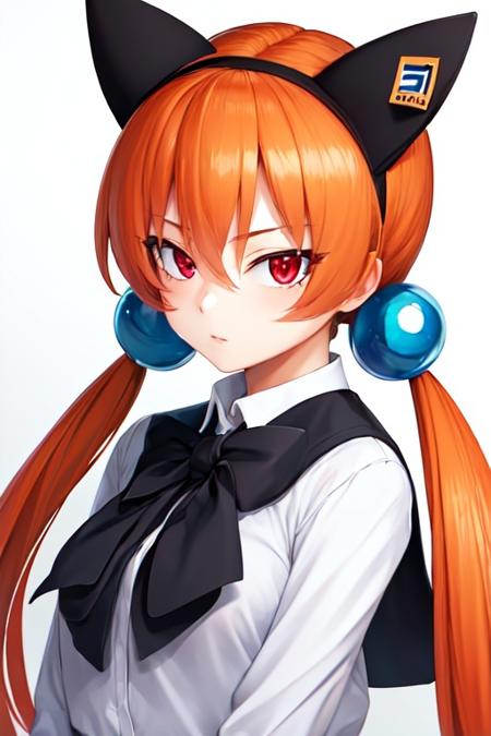 1girl orange hair long hair tsurime twintails fake animal ears hair ornament hair bobbles red eyes low twintails