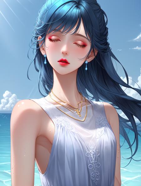 1girl, solo, blue hair, (swimming), (ocean), makeup, pink lipstick, parted lips, closed eyes, long hair, messy hair, cute, ultra-detailed, illustration, intricate, detailed, extremely detailed, detailed face, soft lighting, soft light, soft focus, perfect face, beautiful, accurate anatomy, overexposure, 8k, 4k, (highres:1.1), best quality, (masterpiece:1.3), <lora:niji_jelly:0.8>, (waist up:1.1), flat chest, earrings, gold jewelry, gold necklace, sparkle, glow, (from below:0.5), blue sky, ocean, light rays, (white dress:1.2), wind