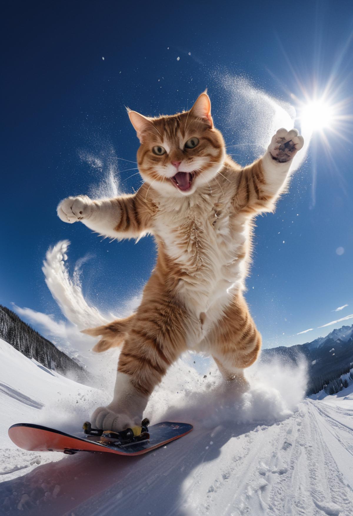A cat snowboarding in the snow.