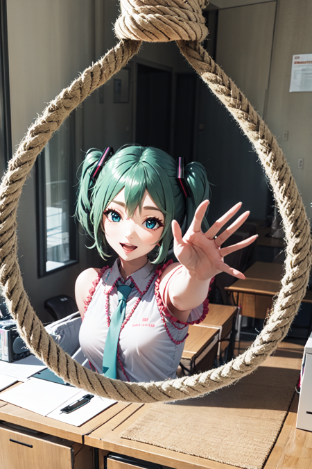 absurdres, highres, best quality, <lora:nooseportal:1> noose portal, hatsune miku, reaching out,