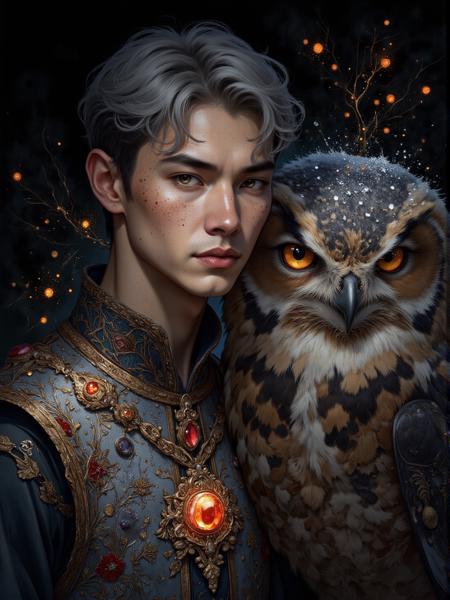 A fierce young asian man with cold gray hair and black eyes stands beside a majestic owl. His freckled skin glows in the cold light of the frost that dance around them. He wears an ornate gray and red embroidered vest adorned with intricate fire patterns, a matching pendant with an ruby gemstone resting at his throat. His expression is intense, determined, and regal. The owl, its feathers a radiant blend of gray and brown, presses close to him, its sharp beak and piercing eyes exuding power and wisdom. fire ash float in the air, casting an ethereal glow against the dark background, as if the world itself bends to their presence.
