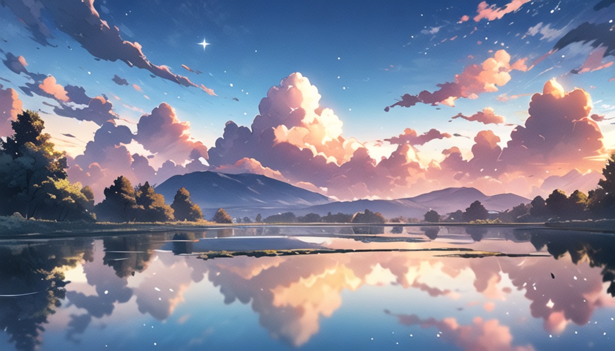 anime style landscape, hayao miyazaki, highest quality, sparkles, shiny,scenery, no humans, sky, cloud, outdoors, sunset