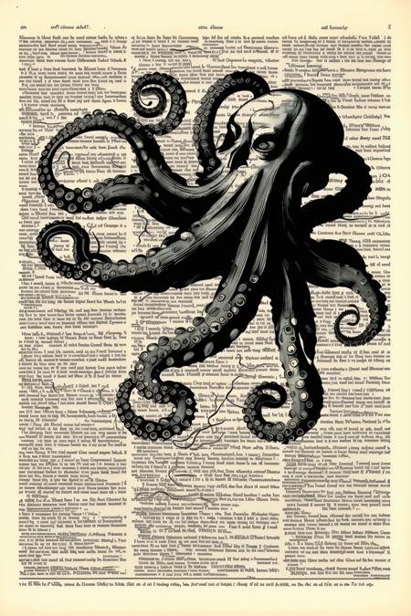 a drawing of a Octopus is shown on a page of a book,  storybook illustration, a storybook illustration, massurrealism , (( dictionary_art ))