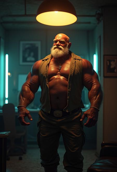 old hairy man mutating into huge bodybuilder with gigantic muscles, gigantic muscles, huge neck, film noir character portrait, futuristic cyberpunk office, german arthouse movie, cinematic atmosphere, cozy, comfortable, brute, old big sturdy beefy chunky oily sweaty german rich daddybear wearing undershirt, leather higheel boots, cargo pants, gentle smile, rich old detective, broad face, big nose, bald, big jaw, proud cozy warm old man's hairy chest, golden jewellery with gemstones, standing, leaning forward in an intrigued way,in a dark neonlit cyberpunk office