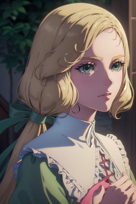 castlevaniamaria, long hair, blonde hair, (green eyes:1.5), hair bow, bow, green bow, low ponytail, long sleeves, dress, puffy sleeves, pink dress, sash, green sash, collar, white collar,