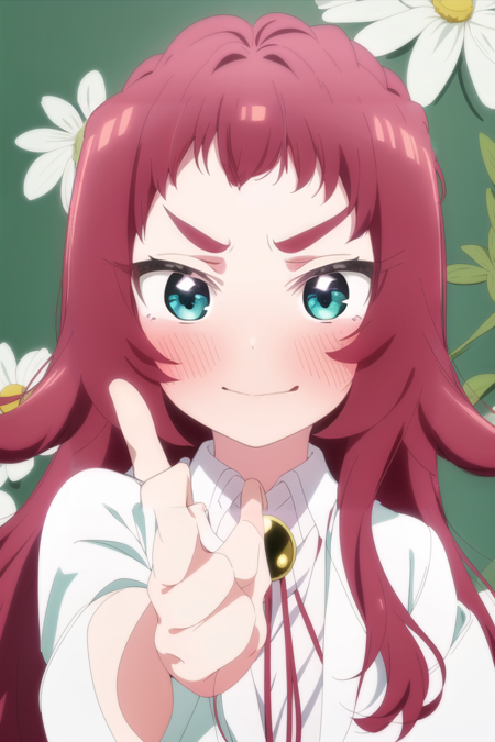 1girl, solo, looking at viewer, blush, long Very hair, bangs, shirt, Smile, school uniform, green eyes, white shirt, red hair, collared shirt, aqua eyes, frown, thick eyebrows, pointing, portrait, index finger raised, close-up, floral background