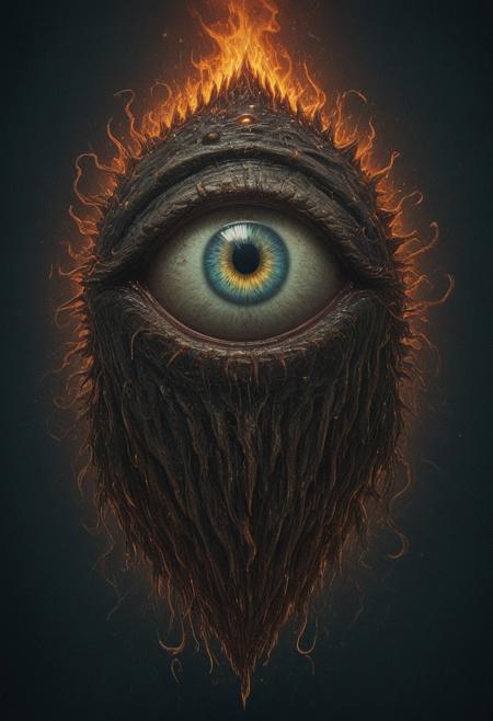 theW3iRDi3Sv2, novuschroma37 style, shirt illustration, CULT, traditional media, all-seeing eye, retro, in shadow, 4k, high quality, (best quality:1.1), (masterpiece:1.4), best quality, raytracing, high definition, perfect details, sharp focus, extremely detailed, arcane imbued eyes, an eye with flames coming out of it, beeple and james jean, minion as lovecraft's monster, volumetric lighting, rim lighting, into the mirrorverse, hyperrealism, fantasy 4k, acid rains, cubensis, watcher, eye, monster, slimy