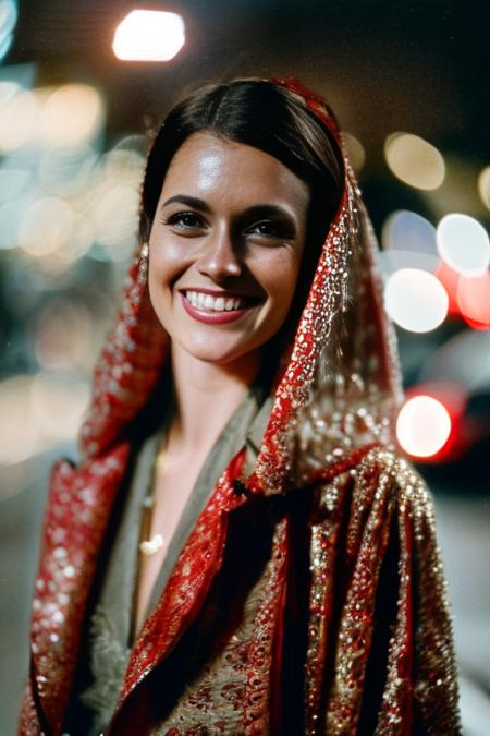 An analog photo of a   woman's head dressed in a red lace raincoat, model smiling, photorealistic, depth of field, Kodak Plus ISO film, (Depth of field), (whirl bokeh:1.21), Detailed, hq, detailed, realistic, warm light, muted colors, Moody, Filmic, Dreamy, lens flare, Mamiya 7ii, f/1.2, symmetrical balance, in-frame, bokeh, symmetrical balance, in-frame, live-frame, sharpenedmm film grain -frame, studio lights and studio light, ultra realism, zenith view-point with ektachrome.8k UHD 8K, highly detailed, dark color scheme intricate, highly detailed, sharp focus hyper realistic, by Marc