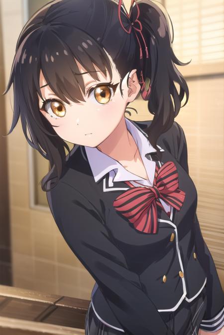 hasukikomai, <lora:hasuki komai s1-lora-nochekaiser:1>,
hasuki komai, (black hair:1.5), ribbon, (brown eyes:1.5), hair ribbon, side ponytail,
BREAK bow, school uniform, jacket, striped, bowtie, black jacket, blazer, striped bow, striped bowtie,
BREAK indoors, classroom,
BREAK looking at viewer, (cowboy shot:1.5),
BREAK <lyco:GoodHands-beta2:1>, (masterpiece:1.2), best quality, high resolution, unity 8k wallpaper, (illustration:0.8), (beautiful detailed eyes:1.6), extremely detailed face, perfect lighting, extremely detailed CG, (perfect hands, perfect anatomy),