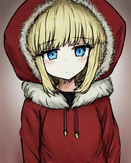 <lora:BlackSouls:0.8>
1girl, blonde hair, bangs, blue eyes, red hoodie, fur_trim