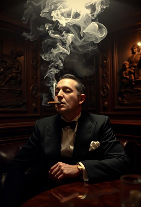 portrait of a millionaire in 1927, smoking a cigar in a dimly lit gentleman club. The air is heavy with smoke that forms a cloud under the ceiling. The man is wearing a black tie tuxedo, sitting at a table. Walls are tiled with carved hard wood bas-relief sculptures. The portrait is soft and gentle with an intimate lighting.