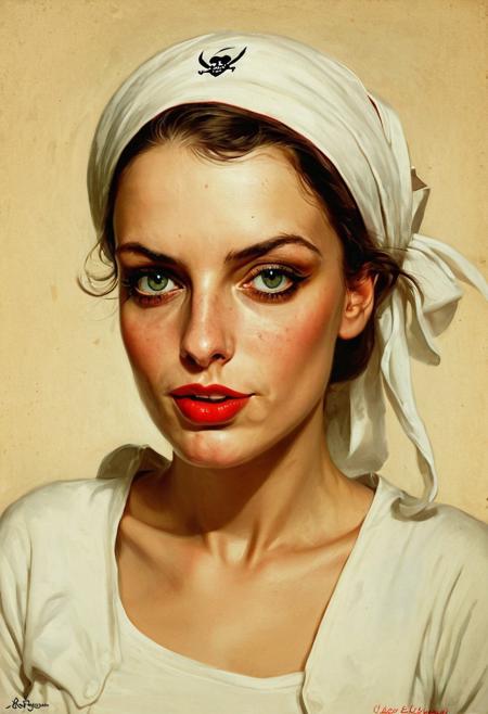 Facial expression style, illustration, ((clever pirate)) (Iranian:1.2) female (cute:1.4), (Gil Elvgren)