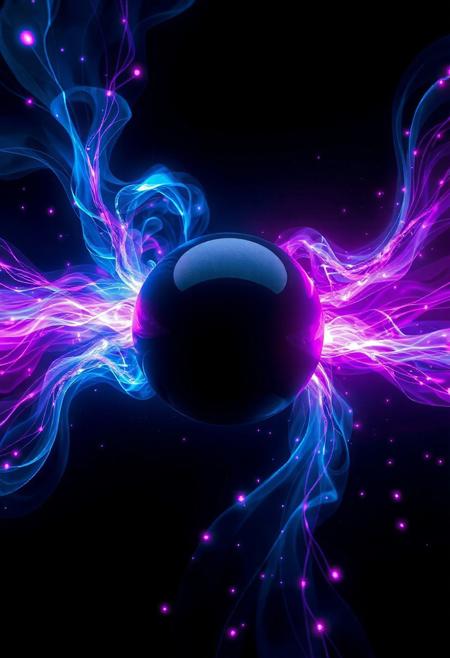 Visualize a dynamic energy field surrounding a central black sphere using vibrant blue and magenta hues. The energy is depicted as swirling currents, ribbons, and trails of light that flow around the sphere in complex patterns. Add small, glowing dots or particles throughout the scene to represent subatomic activity or energy fluctuations.  The background should be completely black, creating a high-contrast effect that emphasizes the luminous elements. Style: Abstract, energetic, futuristic - inspired by scientific visualizations of plasma physics or magnetic fields. Render with realistic lighting and shadows to create a sense of depth and dimensionality.  Aim for a visually striking image that conveys both beauty and power.