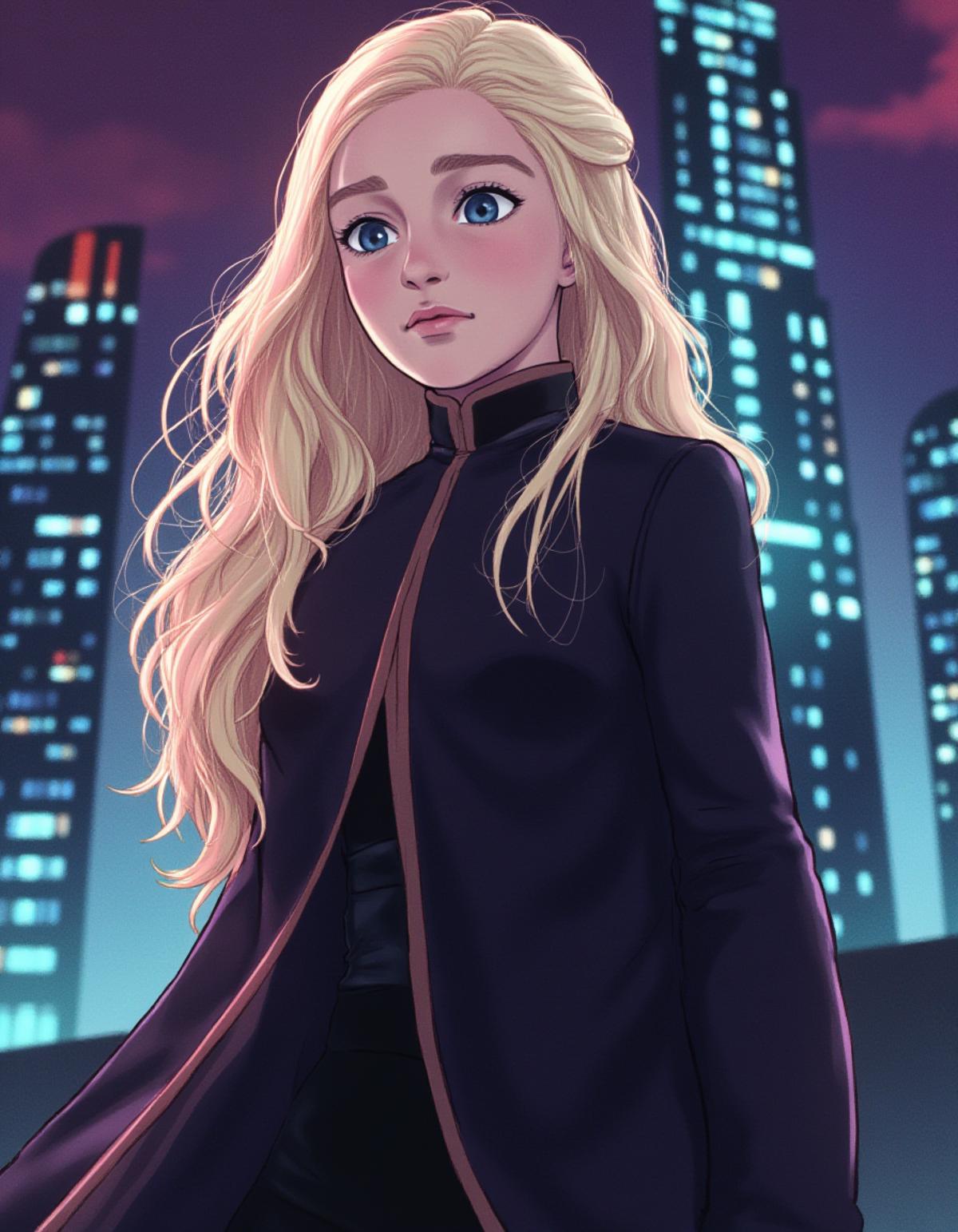 ((Retro 90s Anime style illustration)) drawing of a closeup on face of emxclarke as daenerys wearing a long black trench-coat futuristic city in the background in the style of the 90s anime Akira.       <lora:Emilia_clarke_and_daenerys_FLUX_epoch_49:1>