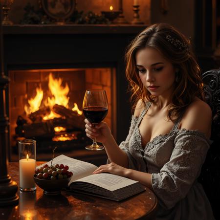 cinematic photo cinematic style, beauty, realism, photorealism, chiaroscuro, high quality, nai23face, a woman sitting by a roaring fireplace, reading a book and sipping wine, with a bowl of grapes on the table beside her. 35mm photograph, film, bokeh, professional, 4k, highly detailed