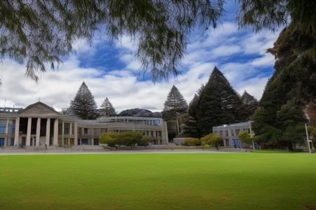 phtdzk1, incredibly detailed, landscape photography, cinematic lighting, volumetric lighting,  University of Otago Dunedin New Zealand, College city, vibrant depth of color, FXAA, Chromatic Abberation, DSLR ,cphtdzk1