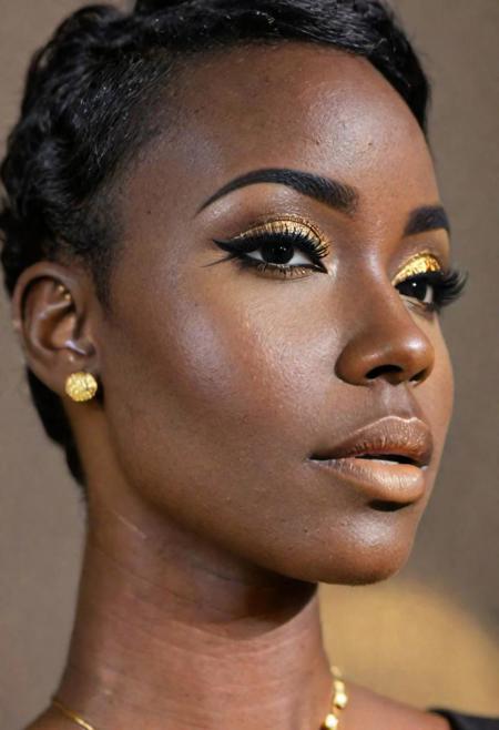 an eye contact of a Ugandan woman, (black skin:1.3), yellow spotlight, dark theme, lonely, full body, Lavish, Matte black eyeshadow with a cut crease, metallic lipstick, golden ratio, Almond-shaped eyes, Freckles, indietronica, soft lighting, bokeh, at work, strong feminine, business, office, (formal clothing:1.2), cleavage, mood, pouted mouth, long eyelashes, legs spread