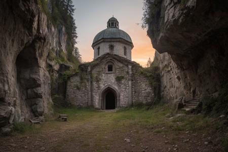 raw photo, a sunset landscape, oregon mountains, forested ravine cliffs, cozy, photorealistic, abandoned Towering Stone gateway entry into dark the side of cliff, dwarven, high fantasy style, high detailed texture, 8k uhd, dslr, soft lighting, high quality, film grain, Fujifilm XT3, Sony A7 IV, highly detailed photography, (muted colors, cinematic, dim colors, soothing tones:1.2), vibrant, insanely detailed, hyperdetailed, (dark shot:1.2), (vsco:0.3), (intricate details:0.9), (hdr, hyperdetailed:1.2) (highest coherency: 1.39) (highest quality: 1.39) (rule-of-thirds) (award-winning) (masterclass) (highest resolution: 1.39) (castle architecture built into cliff: 0.69) (starfort: 1.1) (protruding from hillside)