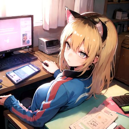 best quality, megami magazine, diagonal view, solo, keyboard \(computer\), mouse \(computer\), 
cat girl, slit pupils, blonde hair, cat ears, cat tail,  crossed legs,  track suit, gaming chair, sitting, indoors, sanpaku, leaning forward, looking away, messy room, narrow room, perfect hands, cats, 
<lora:envybetterhandsLocon_beta2:1> <lora:mayunashi_22222_8:2>  <lora:BlackRoots:1> <lora:menositanikuma1:0.6>