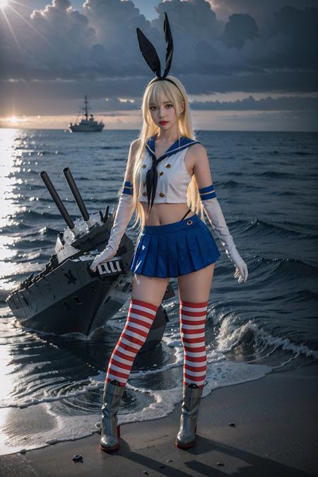 shimakaze \\(kancolle\\) elbow gloves striped thighhighs highleg panties blue pleated skirt boots