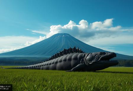 3d,,photorial,photo,grey volcanic eruption cloud, 
Mt. Aso, Kusasenri, green grassland,landscape,summer,blue sky,The volcano is erupting,Outer mountain, (smoke:1.4),godzilla,A giant catfish lying on the grassland